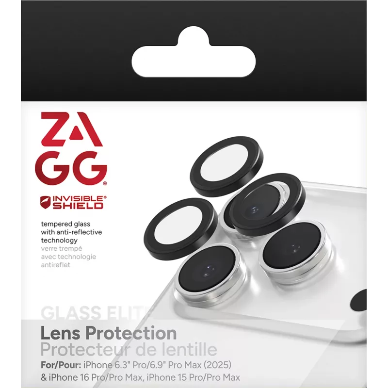 Protector de lentes InvisibleShield Glass Elite (CameraRings) para Apple iPhone 17 Pro/17 Pro Max 16 Pro/16 Pro Max/15 Pro/15 Pro Max negro