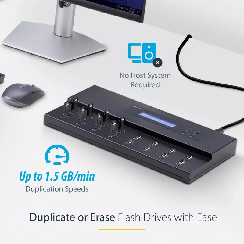 StarTech.com Duplicador y borrador autónomo de memorias USB 1 a 15, copiadora múltiple de unidades flash USB, copia de sistema, archivos y unidad completa a 1,5 GB/min, borrado simple y de 3 pasadas, pantalla LCD – TAA