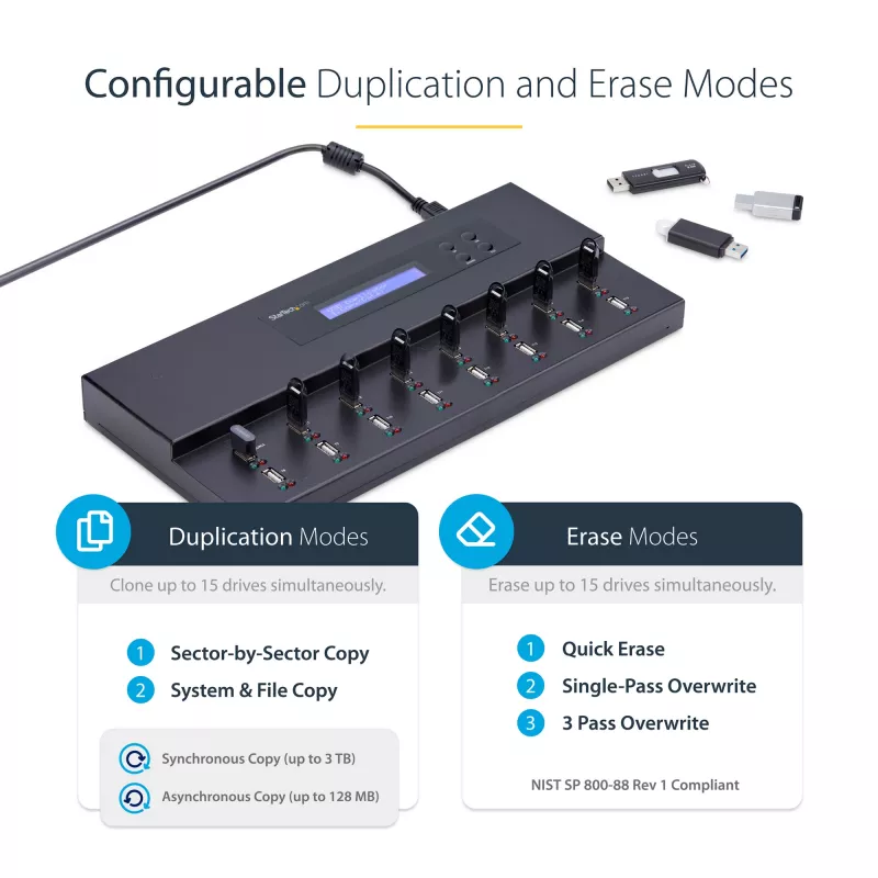 StarTech.com Duplicador y borrador autónomo de memorias USB 1 a 15, copiadora múltiple de unidades flash USB, copia de sistema, archivos y unidad completa a 1,5 GB/min, borrado simple y de 3 pasadas, pantalla LCD – TAA