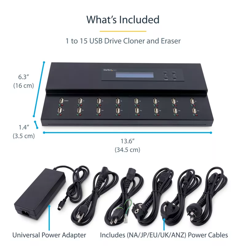 StarTech.com Duplicador y borrador autónomo de memorias USB 1 a 15, copiadora múltiple de unidades flash USB, copia de sistema, archivos y unidad completa a 1,5 GB/min, borrado simple y de 3 pasadas, pantalla LCD – TAA