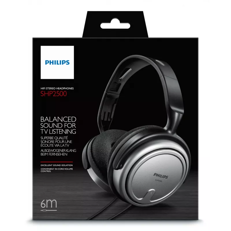 Philips SHP2500/10 auriculares de TV con cable circumaurales, 9 - 23000 Hz, 32 ohmios, cable de 6 m, conector jack de 3,5/6,3 mm, negro/plata