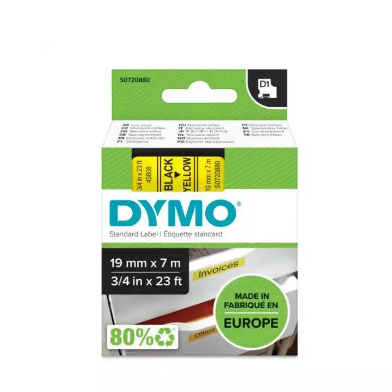 Etiquetas DYMO Authentic D1 | Impresión negra sobre cinta amarilla | 19 mm x 7 m | Etiquetas autoadhesivas para impresoras de etiquetas LabelManager | Fabricadas en Europa