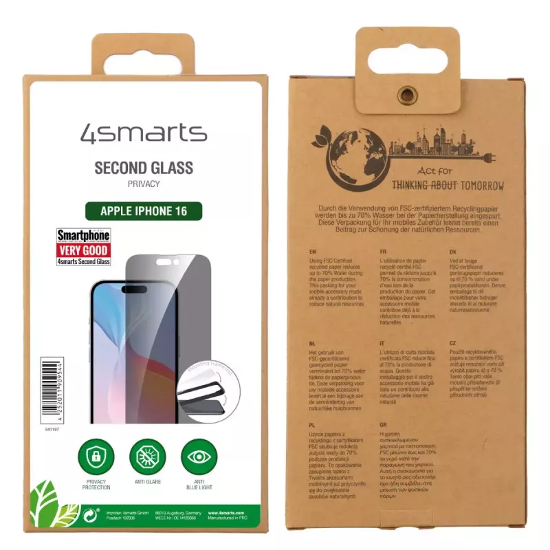 Protector de pantalla 4smarts 541197 para Apple iPhone 16 vidrio templado