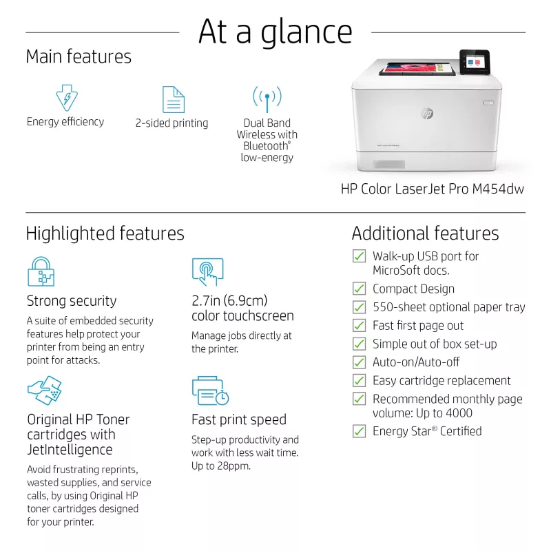 HP Color LaserJet Pro M454dw, impresión, impresión por USB frontal; impresión a doble cara