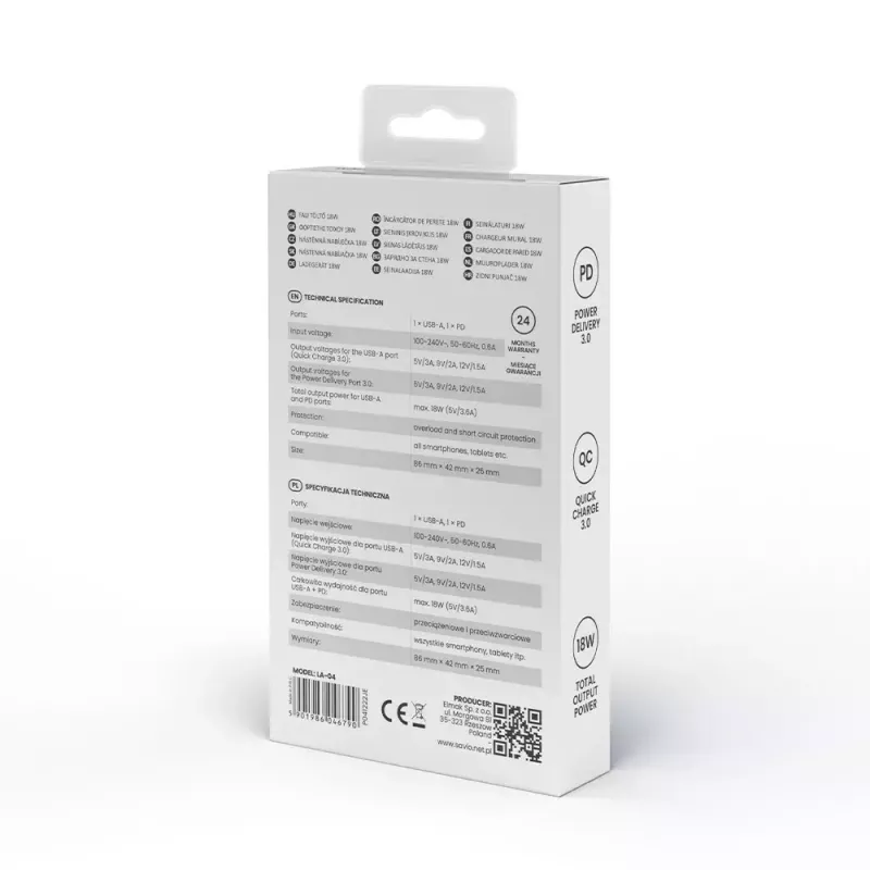 Cargador de interior SAVIO LA-04 USB Type-A y Type-C, 18 W, PD 3.0 Quick Charge, 2x USB-A + 1x USB-C, 100–240 V, blanco