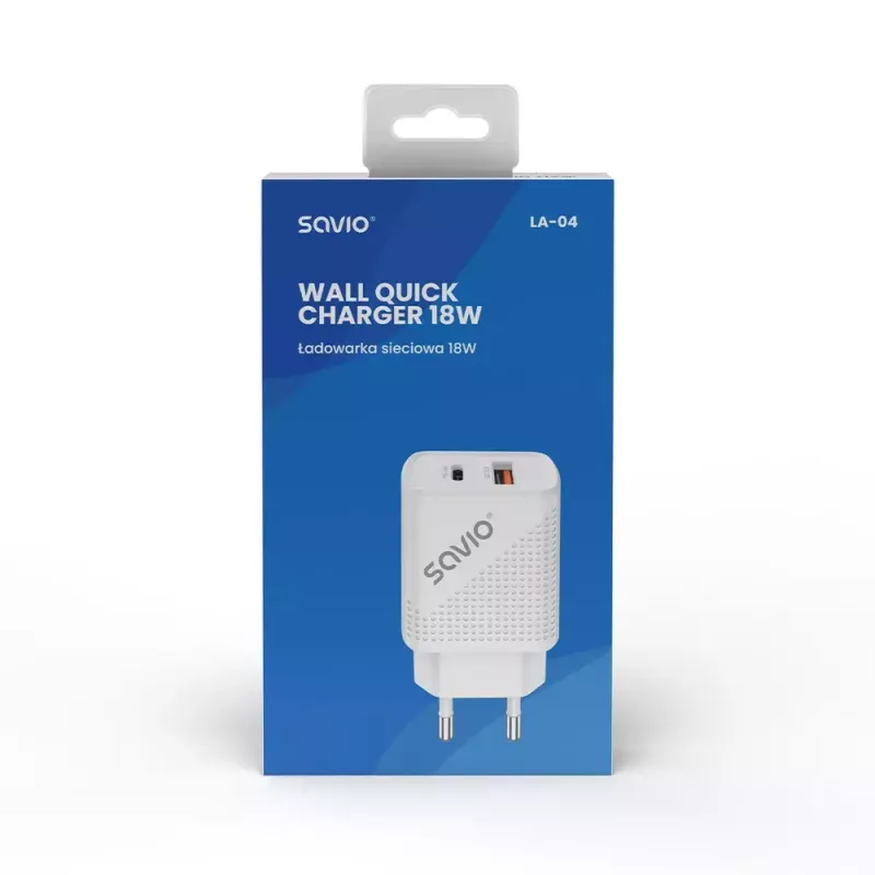 Cargador de interior SAVIO LA-04 USB Type-A y Type-C, 18 W, PD 3.0 Quick Charge, 2x USB-A + 1x USB-C, 100–240 V, blanco