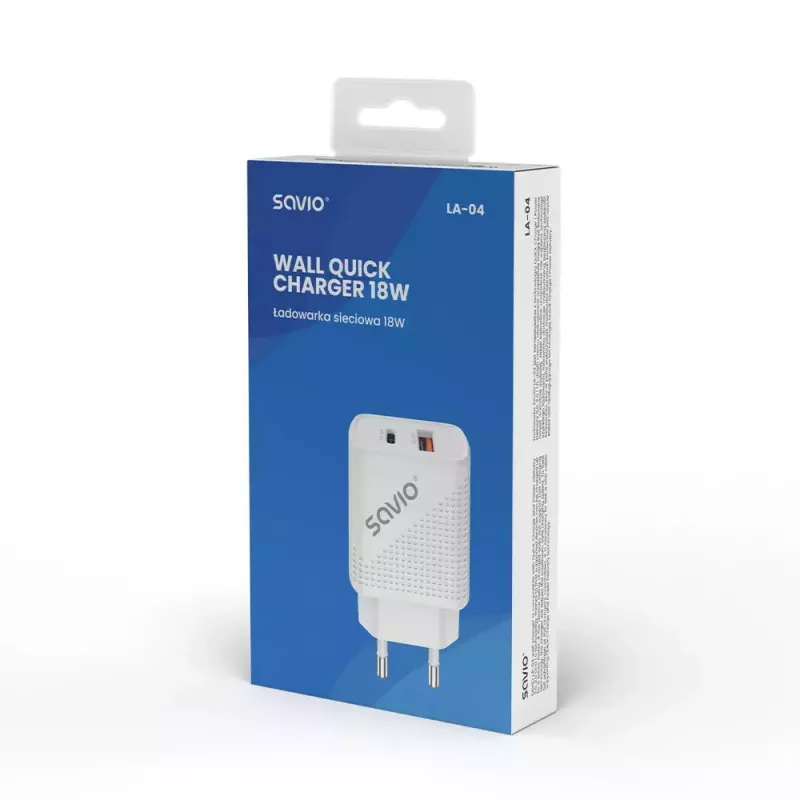 Cargador de interior SAVIO LA-04 USB Type-A y Type-C, 18 W, PD 3.0 Quick Charge, 2x USB-A + 1x USB-C, 100–240 V, blanco