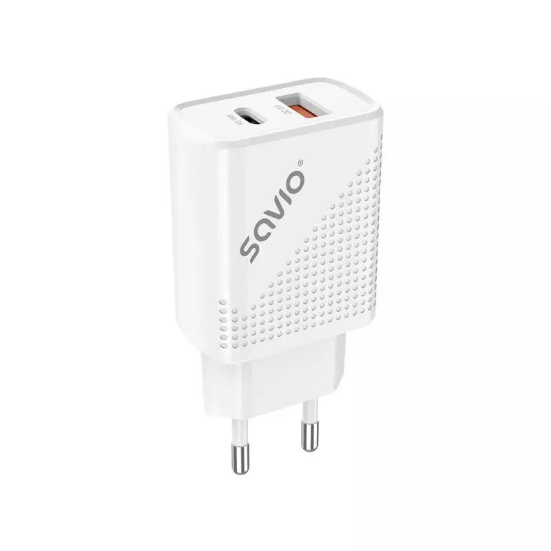 Cargador de interior SAVIO LA-04 USB Type-A y Type-C, 18 W, PD 3.0 Quick Charge, 2x USB-A + 1x USB-C, 100–240 V, blanco