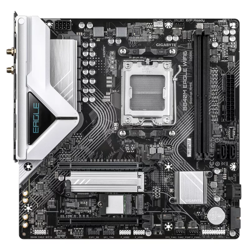 Placa base GIGABYTE B840M EAGLE WIFI6 - CPU AMD Ryzen 9000, VRM de 5+2+2 fases, hasta 7600 MHz DDR5 (O.C.), 1x PCIe 4.0 + 1x PCIe 3.0 M.2, Wi-Fi 6, LAN 2,5 GbE, USB 3.2 Gen 1