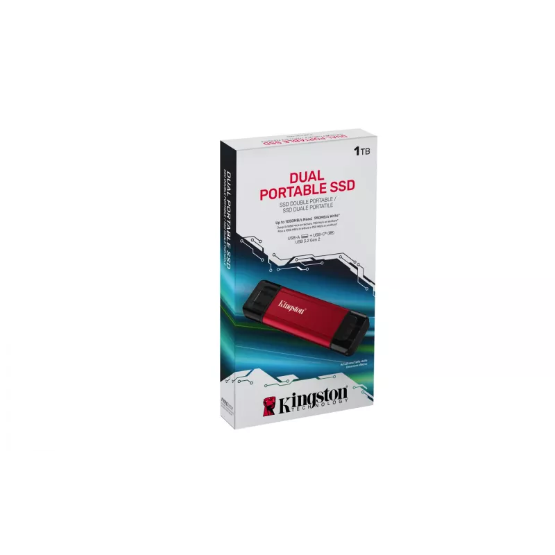 SSD externo Kingston 1 TB Dual USB-A/USB-C Portable SSD — USB 3.2 Gen 2, lectura 1050 MB/s, escritura 950 MB/s, Negro/Rojo