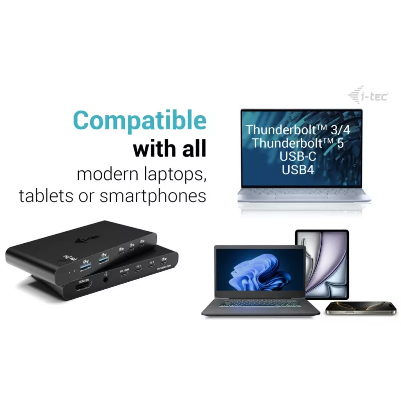 Estación de acoplamiento KVM i-tec para 2 hosts HDMI, interfaz host USB-C, PD 2×100W, 4K@60Hz, 2×USB-A