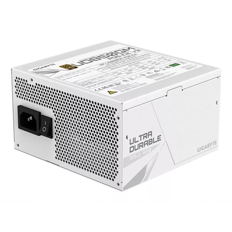 Fuente de alimentación GIGABYTE UD850GM PG5 V2 ICE – 850 W, PCIe Gen 5.1, 80 PLUS Gold, totalmente modular, ventilador de 120 mm, ATX 3.1, enchufe UK, blanca