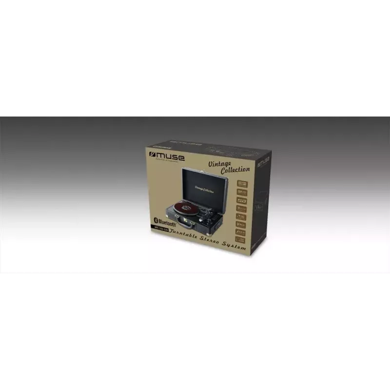 Tocadiscos Muse MT-103 GD negro — 33/45/78 rpm, fuente de alimentación AC 100–240 V, compacto 350 × 113 × 255 mm, 2,7–3 kg