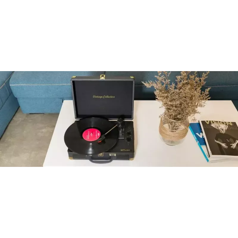Tocadiscos Muse MT-103 GD negro — 33/45/78 rpm, fuente de alimentación AC 100–240 V, compacto 350 × 113 × 255 mm, 2,7–3 kg