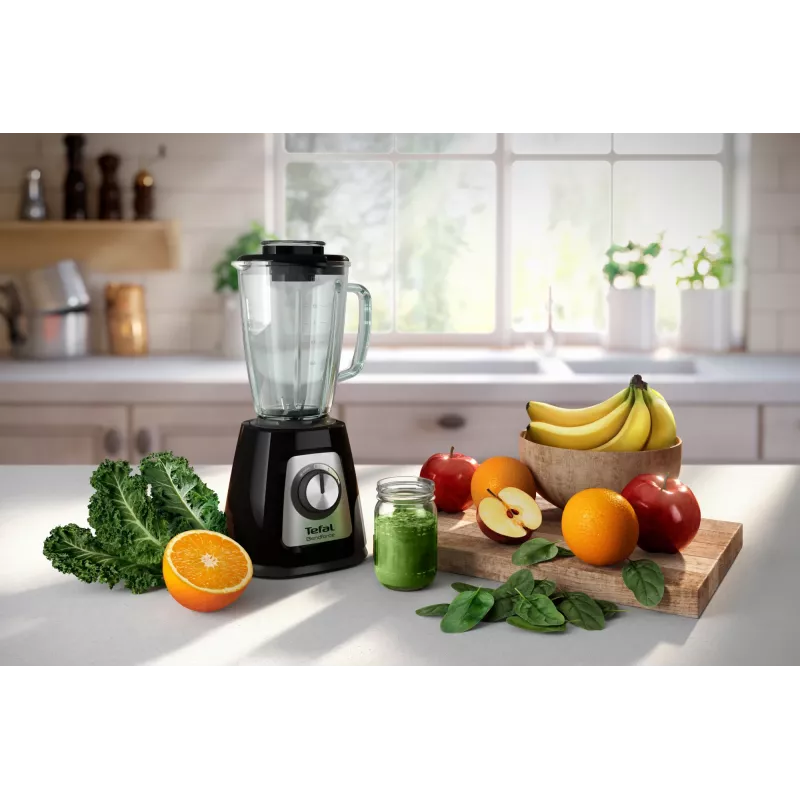 Batidora de mesa Tefal BL4358 – 800 W, jarra de cristal de 1,25 l, trituración de hielo, negro/acero inoxidable cepillado