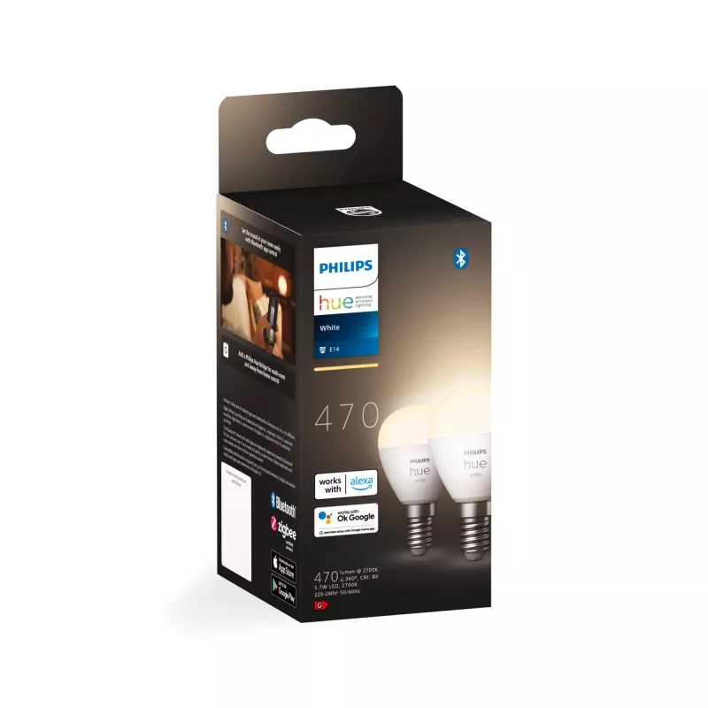 Philips Hue White E14 Luster bombilla LED, P45, 5,7 W, 470 lm (2 uds.)