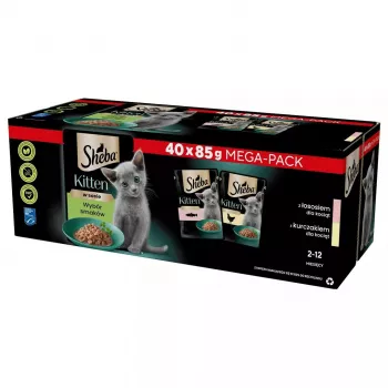 Comida húmeda para gatos Sheba Kitten Selection of Flavors in Sauce 40×85 g — comida húmeda para gatitos, 40 bolsas x 85 g, 3,4 kg, sabor principal pollo