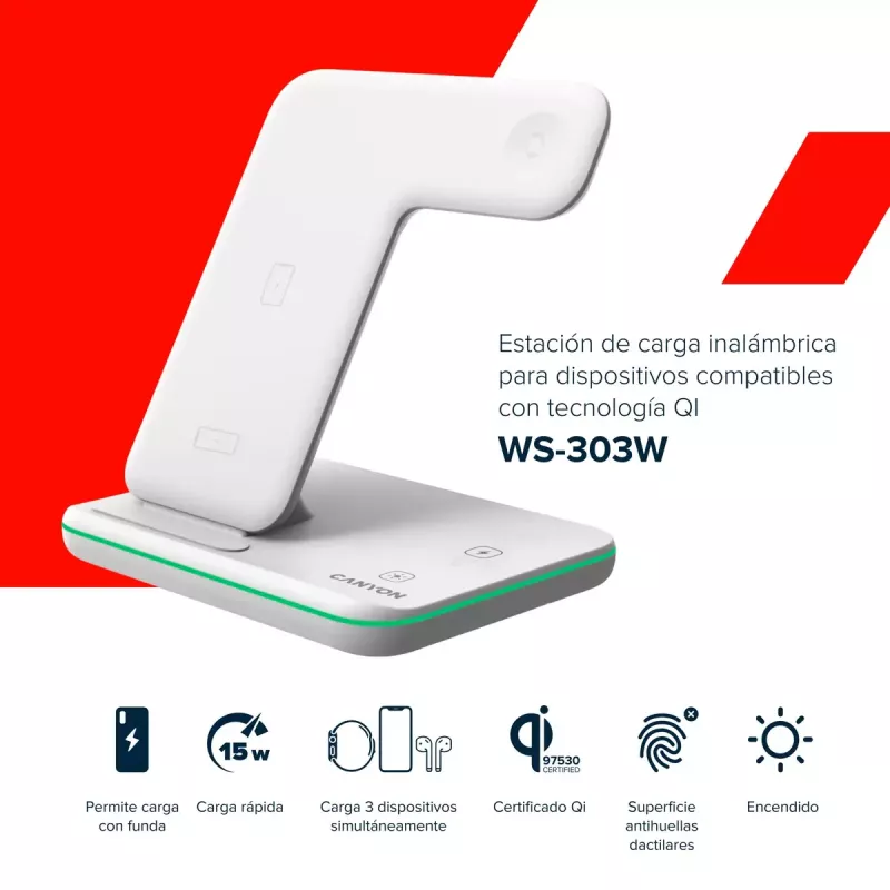 CANYON WS-303 soporte de carga inalámbrica Qi 3 en 1, 15 W, blanco (CNS-WCS303W)