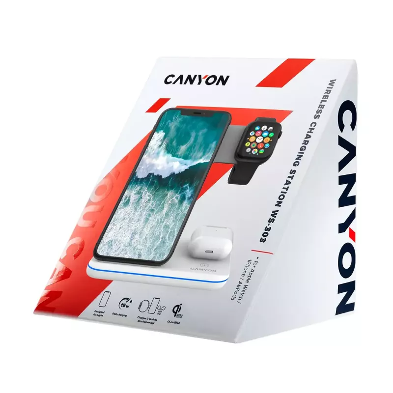 CANYON WS-303 soporte de carga inalámbrica Qi 3 en 1, 15 W, blanco (CNS-WCS303W)