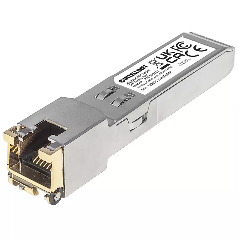 Intellinet Módulo transceptor óptico, Gigabit RJ45 cobre SFP, puerto 1000Base-T (RJ45), 100 m, compatible con MSA, equivalente a Cisco GLC-T, Ethernet, fibra óptica, tres años de garantía