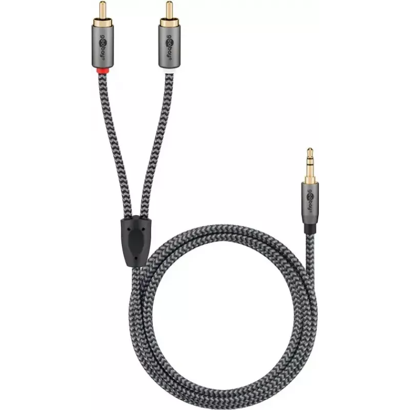 Cable de audio Goobay 65285 jack 3,5 mm a 2×RCA, 1 m, cobre, contactos dorados, apantallado magnético (plateado/negro)