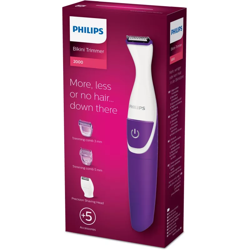 Recortador de bikini Philips Essential BRT383/15, 3 niveles de longitud, pila AA, 120 min de autonomía, blanco/violeta