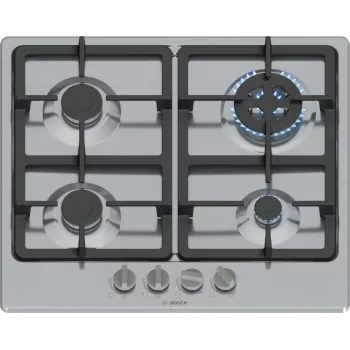 Placa de gas integrable Bosch Serie 4 PGH6B5K90, 4 zonas acero inoxidable, 60 cm, mandos giratorios, quemador wok