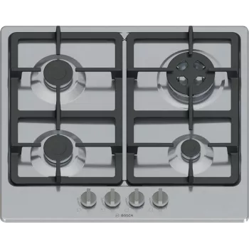 Placa de gas integrable Bosch Serie 4 PGH6B5K90, 4 zonas acero inoxidable, 60 cm, mandos giratorios, quemador wok