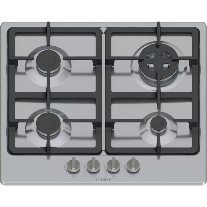 Placa de gas integrable Bosch Serie 4 PGH6B5K90, 4 zonas acero inoxidable, 60 cm, mandos giratorios, quemador wok