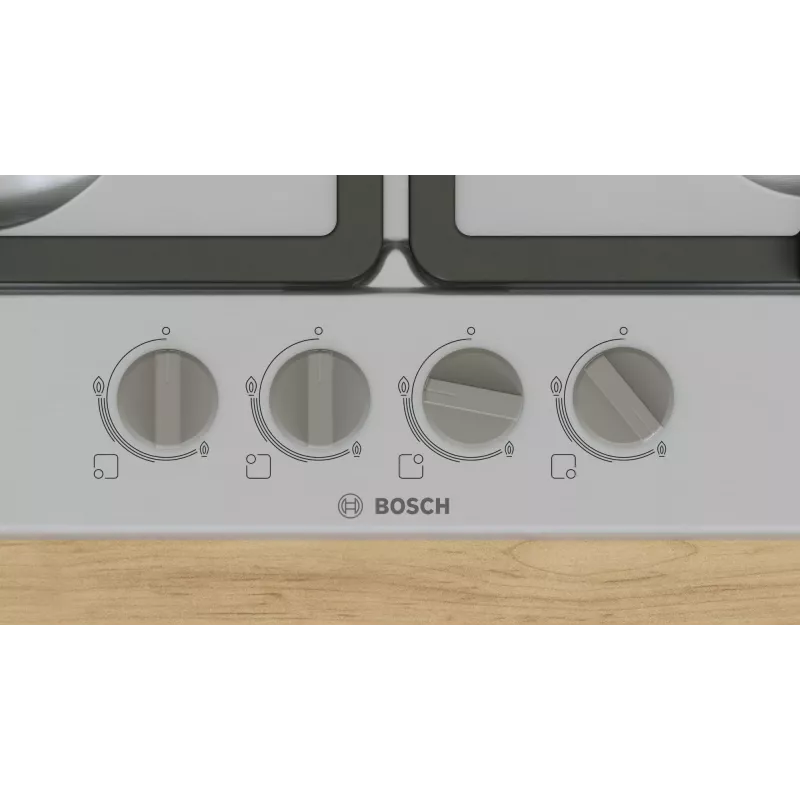 Placa de gas integrable Bosch Serie 4 PGH6B5K90, 4 zonas acero inoxidable, 60 cm, mandos giratorios, quemador wok