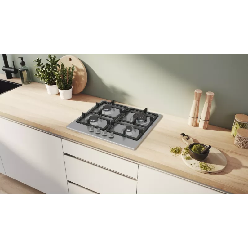 Placa de gas integrable Bosch Serie 4 PGH6B5K90, 4 zonas acero inoxidable, 60 cm, mandos giratorios, quemador wok