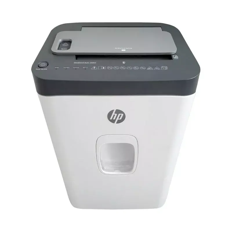 Destructora de papel HP ONESHRED Auto 200CC — alimentación automática para 200 hojas, microcorte P-4, depósito de 28 litros, blanco y gris