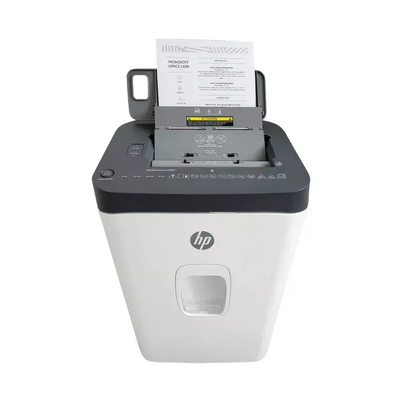 Destructora de papel HP ONESHRED Auto 200CC — alimentación automática para 200 hojas, microcorte P-4, depósito de 28 litros, blanco y gris