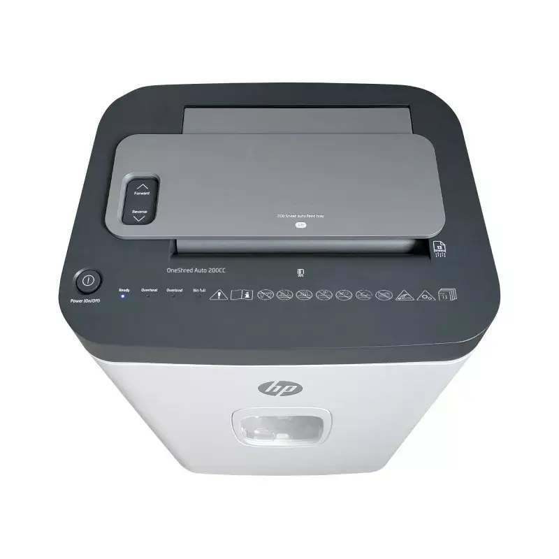 Destructora de papel HP ONESHRED Auto 200CC — alimentación automática para 200 hojas, microcorte P-4, depósito de 28 litros, blanco y gris