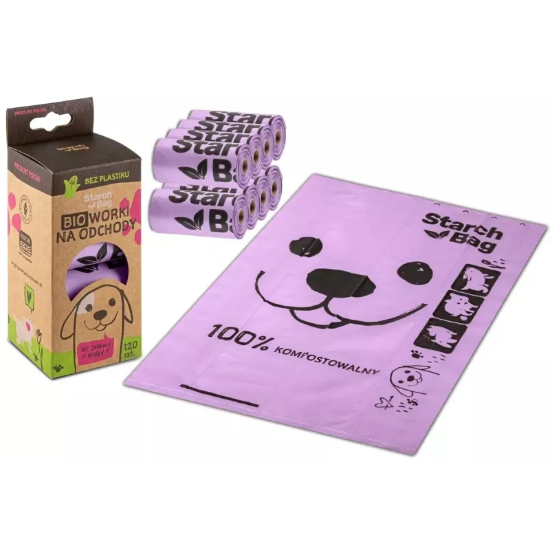 Bolsas de excrementos compostables Starch Bag STARCHBAG BIO lila, fibras vegetales, 8 × 15 uds.