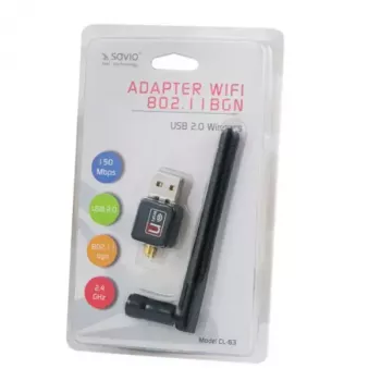Adaptador USB wifi SAVIO CL-63, banda única 2,4 GHz, 150 Mbit/s, Realtek RTL8188CU, antena externa, USB 2.0