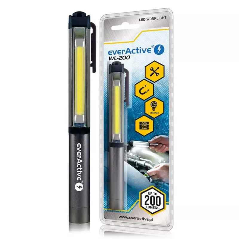 everActive WL-200 linterna de trabajo de inspección COB LED, 3 W, 200 lm, IP44, aluminio, imanes y clip, 3×AAA