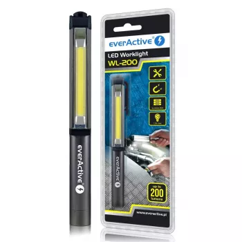 Linterna de pinza everActive WL200, 3 W 200 lm, carcasa de aluminio, IPX4, 3×AAA, longitud 161,7 mm, negra