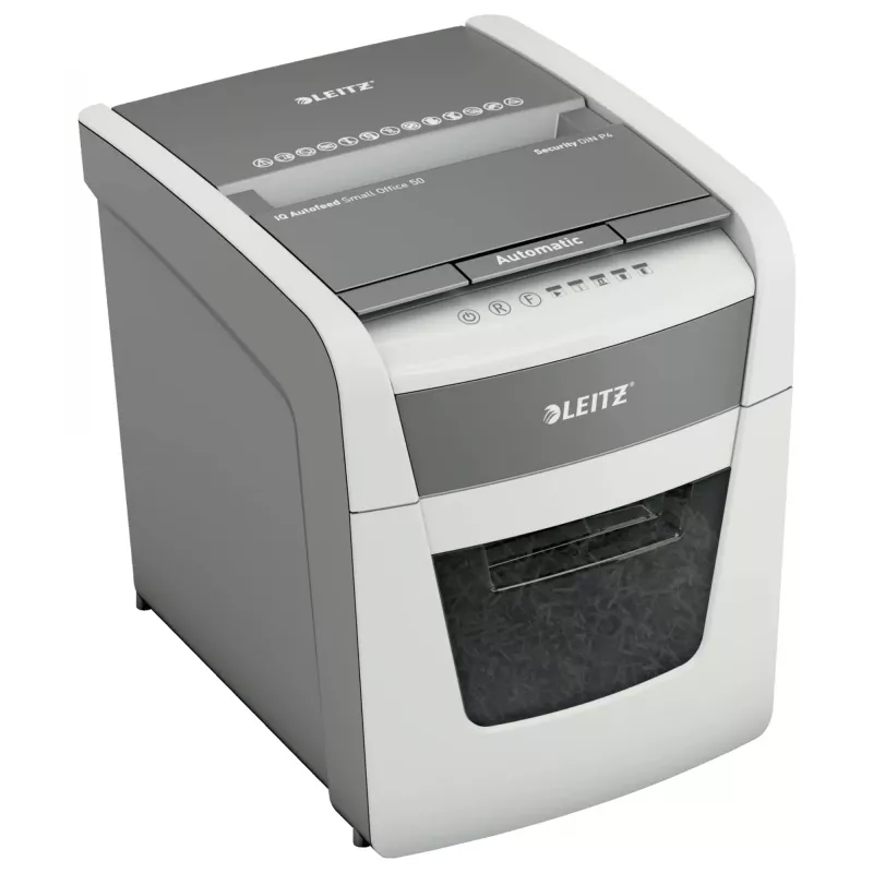 Destructora de papel LEITZ IQ Autofeed Small Office50 P4 — microcorte 4x28 mm, autofeed 50 hojas, boca 22 cm, depósito 20 L