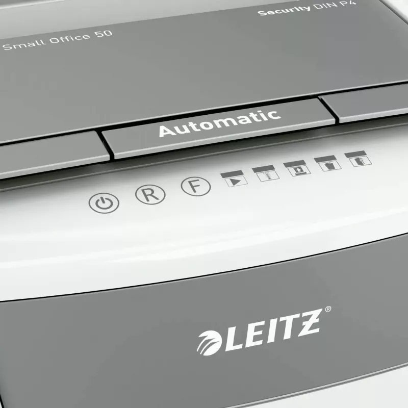 Destructora de papel LEITZ IQ Autofeed Small Office50 P4 — microcorte 4x28 mm, autofeed 50 hojas, boca 22 cm, depósito 20 L