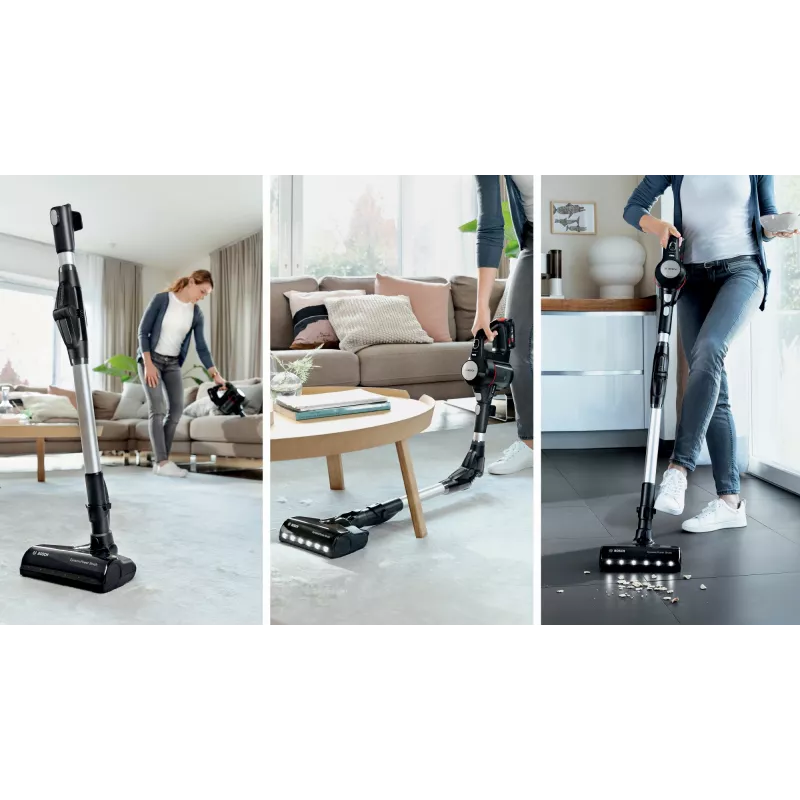 Aspirador de escoba Bosch BCS711PET — inalámbrico 18 V, 40 min de autonomía, 0,3 l sin bolsa, para suelos duros y alfombras, rojo/negro