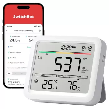 Monitor CO2 SwitchBot Meter Pro — medición de CO2, temperatura y humedad, LCD, pila (AA), carcasa de ABS, 5 V, rango de temp. -20–80°C