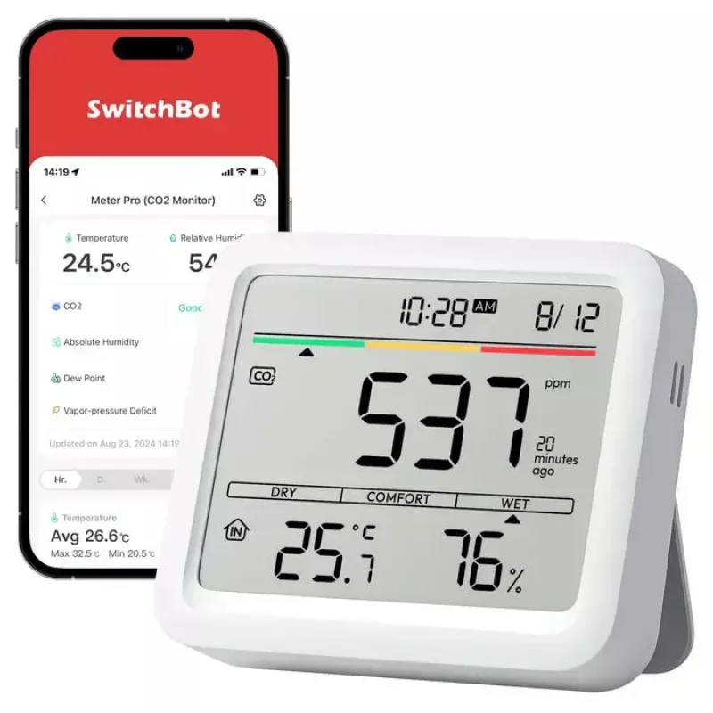 Monitor CO2 SwitchBot Meter Pro — medición de CO2, temperatura y humedad, LCD, pila (AA), carcasa de ABS, 5 V, rango de temp. -20–80°C