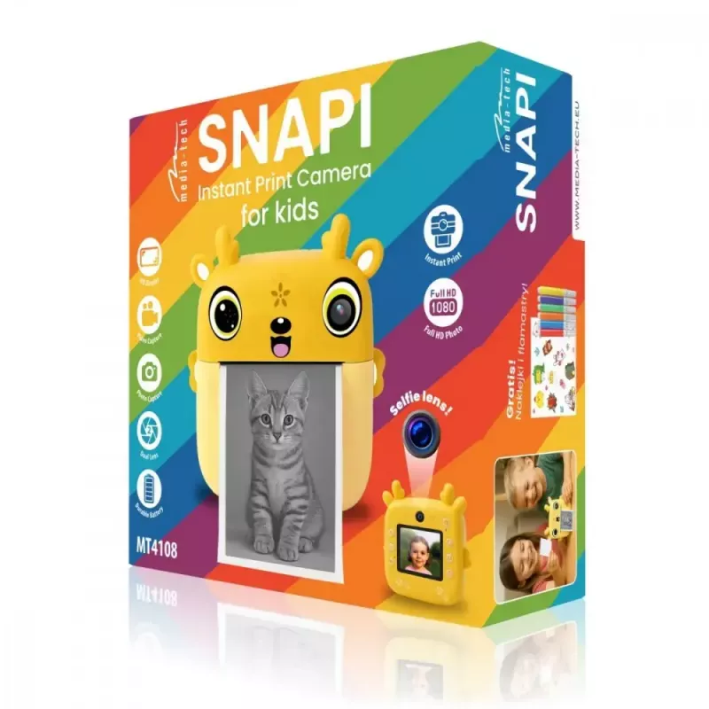 Cámara digital infantil MEDIA-TECH SNAPI MT4108 — 8 MP interpolados, LCD 1280x720, 1000 mAh, USB-C, ranura microSD, amarillo