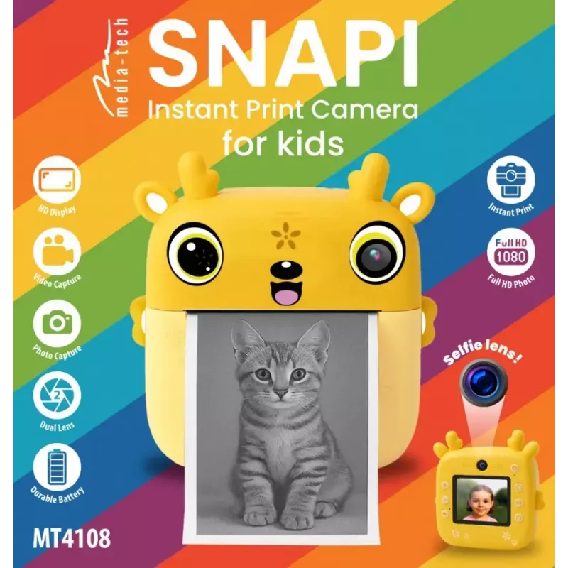 Cámara digital infantil MEDIA-TECH SNAPI MT4108 — 8 MP interpolados, LCD 1280x720, 1000 mAh, USB-C, ranura microSD, amarillo