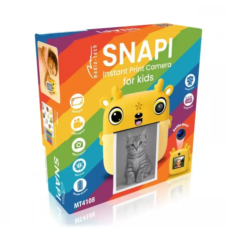 Cámara digital infantil MEDIA-TECH SNAPI MT4108 — 8 MP interpolados, LCD 1280x720, 1000 mAh, USB-C, ranura microSD, amarillo