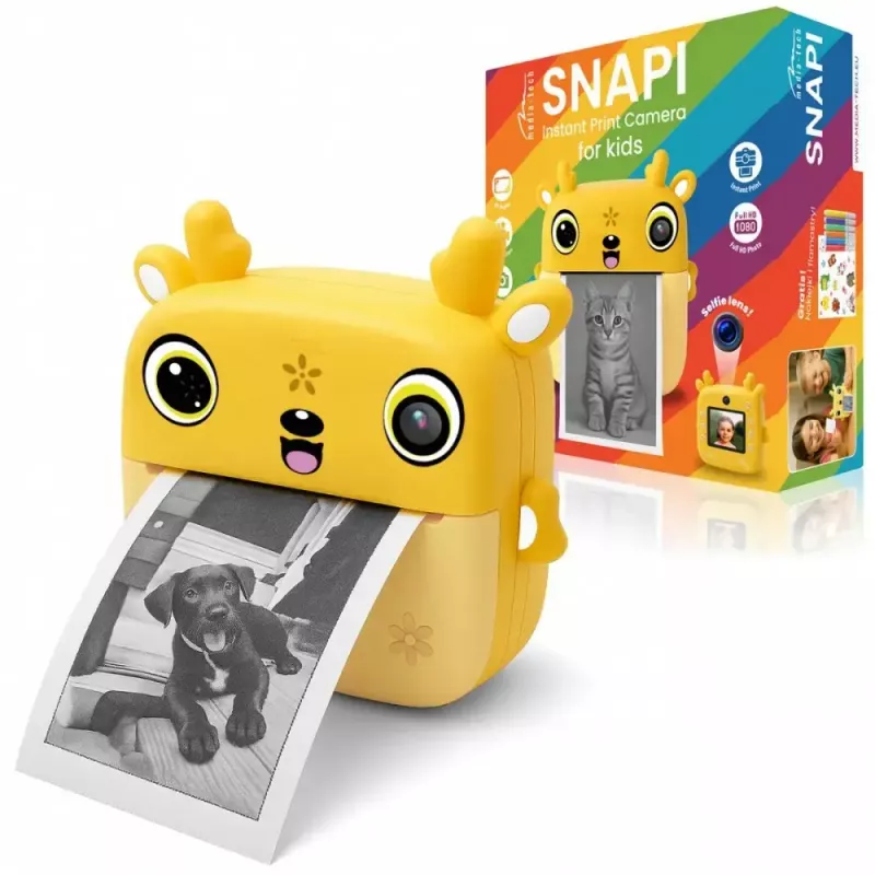 Cámara digital infantil MEDIA-TECH SNAPI MT4108 — 8 MP interpolados, LCD 1280x720, 1000 mAh, USB-C, ranura microSD, amarillo