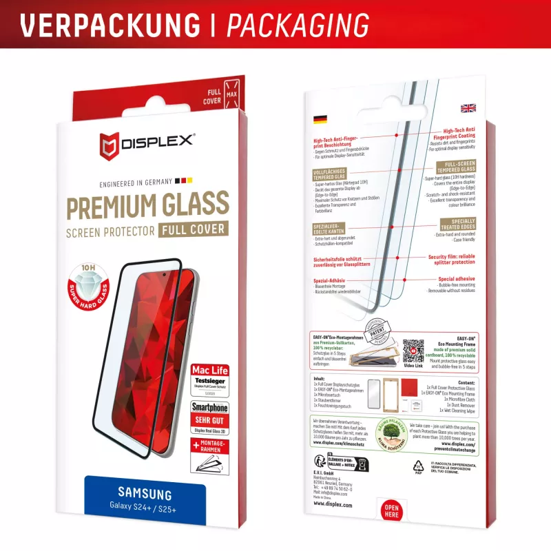 Displex Full Cover Screen Protector (10H) para Samsung Galaxy S24+/S25+, marco de montaje Eco, Full Cover