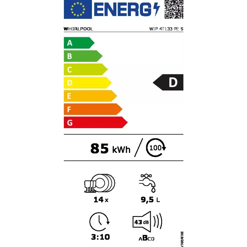 Lavavajillas integrable WHIRLPOOL WIP 4T133 PE S — 14 cubiertos, 60 cm, 43 dB, clase energética D