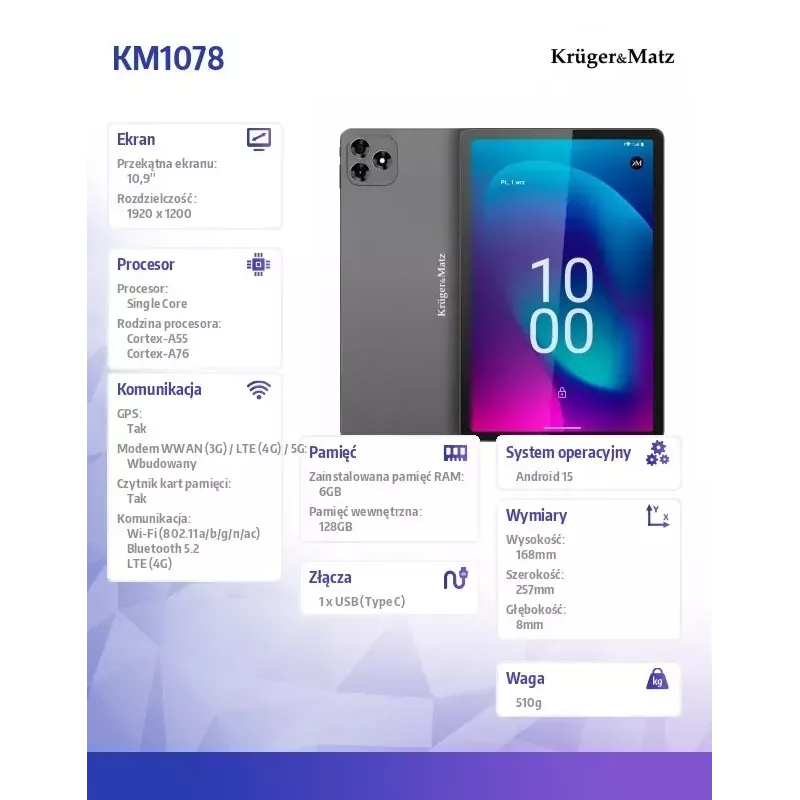 Kruger & Matz Krüger&Matz KM1078S tablet 8 GB RAM 256 GB Octa-Core (10,95) Wi-Fi 5 (802.11ac) Android 15